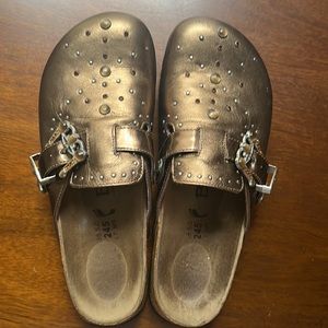 Betula Birkenstock Bronze Gold Metallic 245 Slip-On Bling leather shoes mules 8M